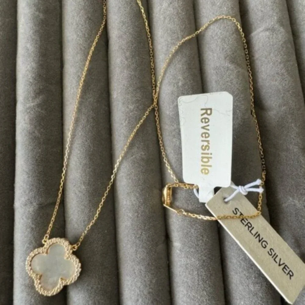 Rachel Zoe Sterling Silver 925 Gold Plated Clever Reversibl Necklace Pearl Onyx - Picture 10 of 16